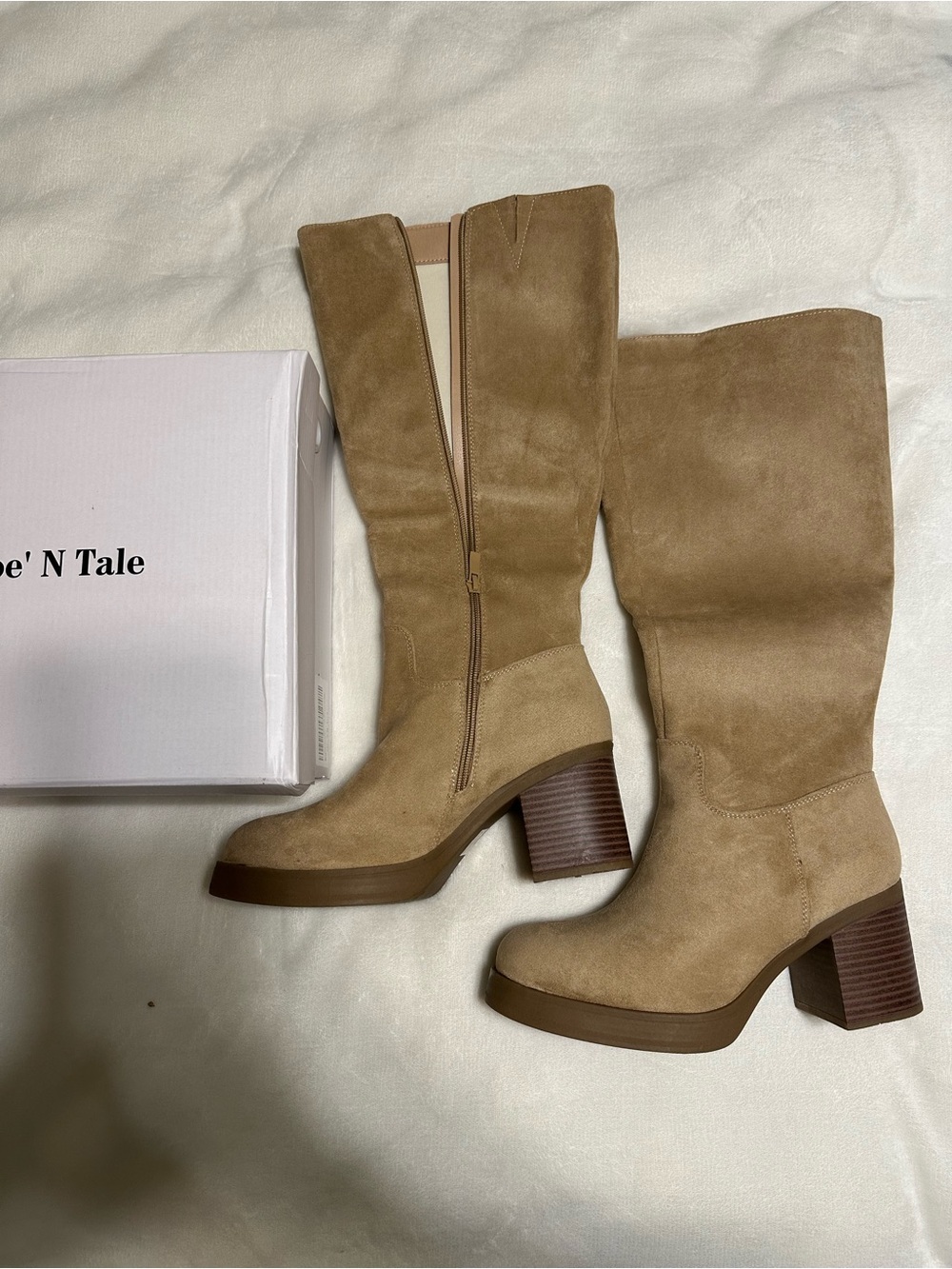Knee-High Suede Platform Boots in Camel